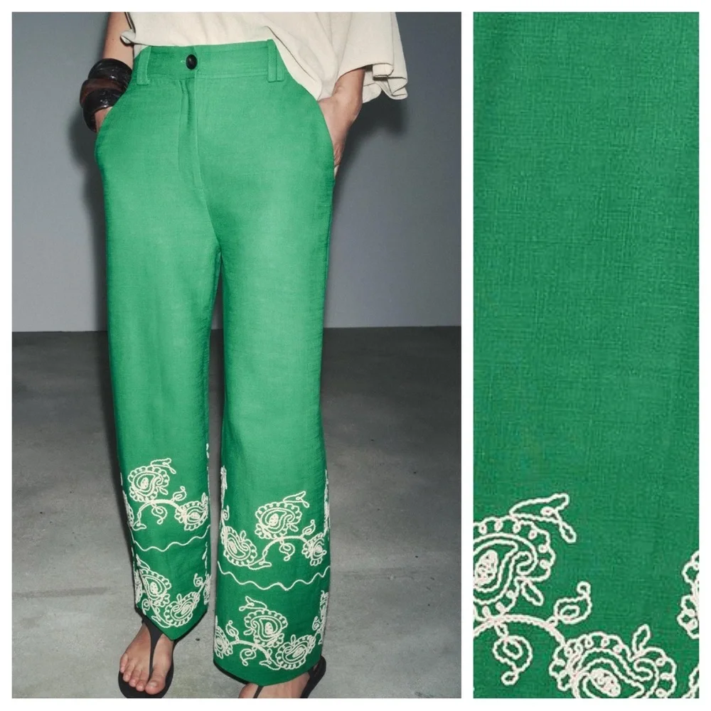 NWT. Zara Green Viscose/Linen Blend Embroidered Trousers. Size M.